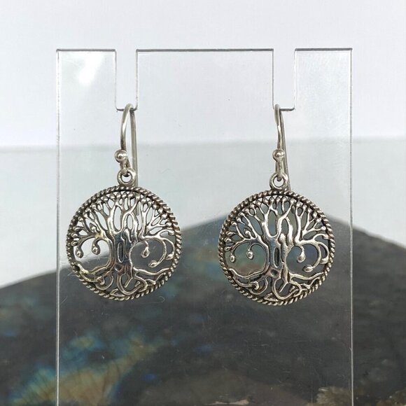Sterling Silver 925 1.19" Round Openwork Filigree Tree Of Life Dangle Earrings - Picture 11 of 16